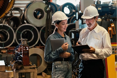 Two workers with hard hats having a discussion